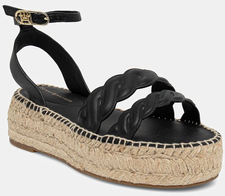 Kožené sandále Tommy Hilfiger LEATHER ROPE REAL ESPAD SANDAL dámske, čierna farba, na platforme, FW0FW08496