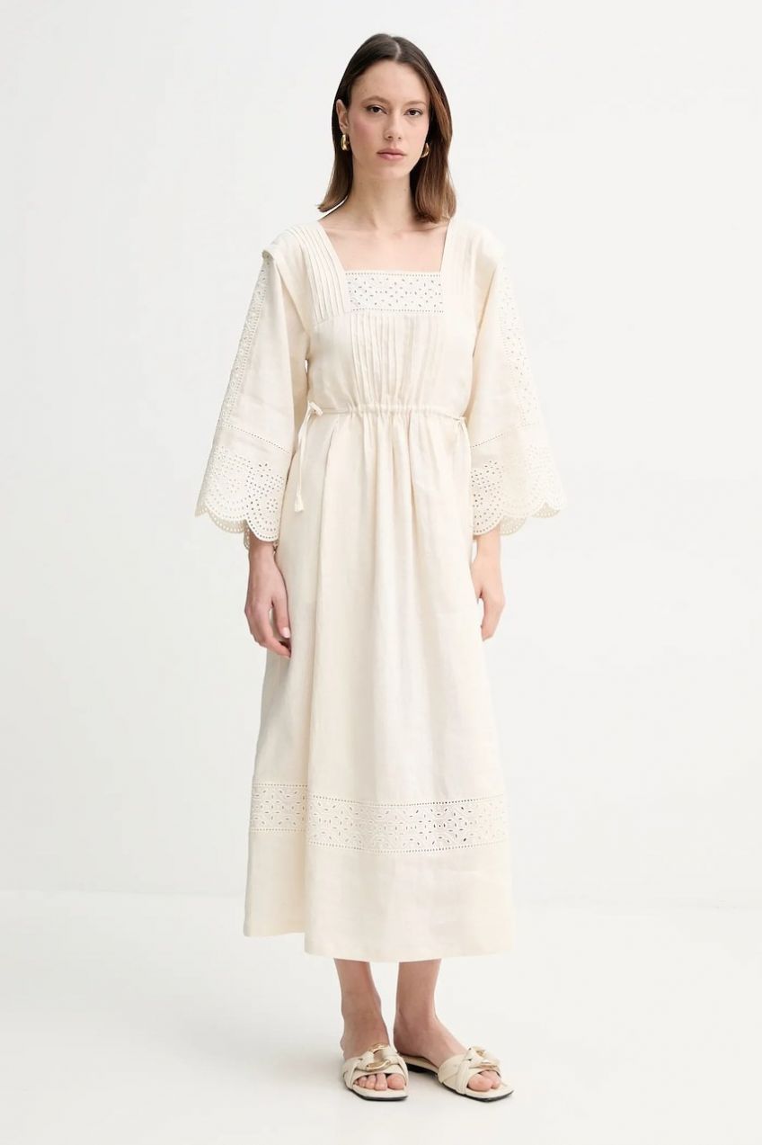 Ľanové šaty Weekend Max Mara béžová farba, maxi, áčkový strih, 2515221182600