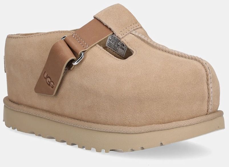 Semišové šľapky UGG Goldenstar Hi Clog dámske, béžová farba, na platforme, 1167550-SAN