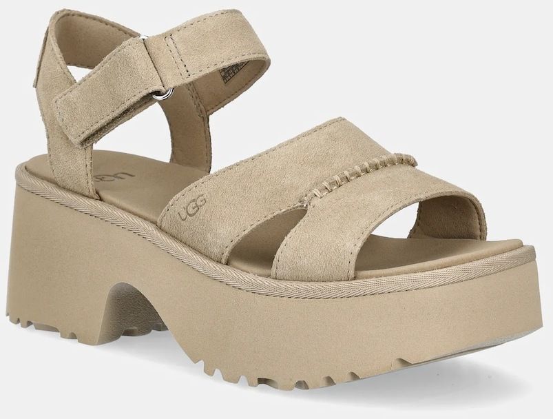 Semišové sandále UGG New Heights Ankle Strap dámske, béžová farba, na podpätku, 1167475-MDSD