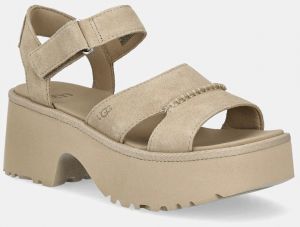 Semišové sandále UGG New Heights Ankle Strap dámske, béžová farba, na podpätku, 1167475-MDSD