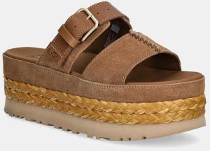 Kožené šľapky UGG Aubrey Slide dámske, hnedá farba, na platforme, 1167451-CHE