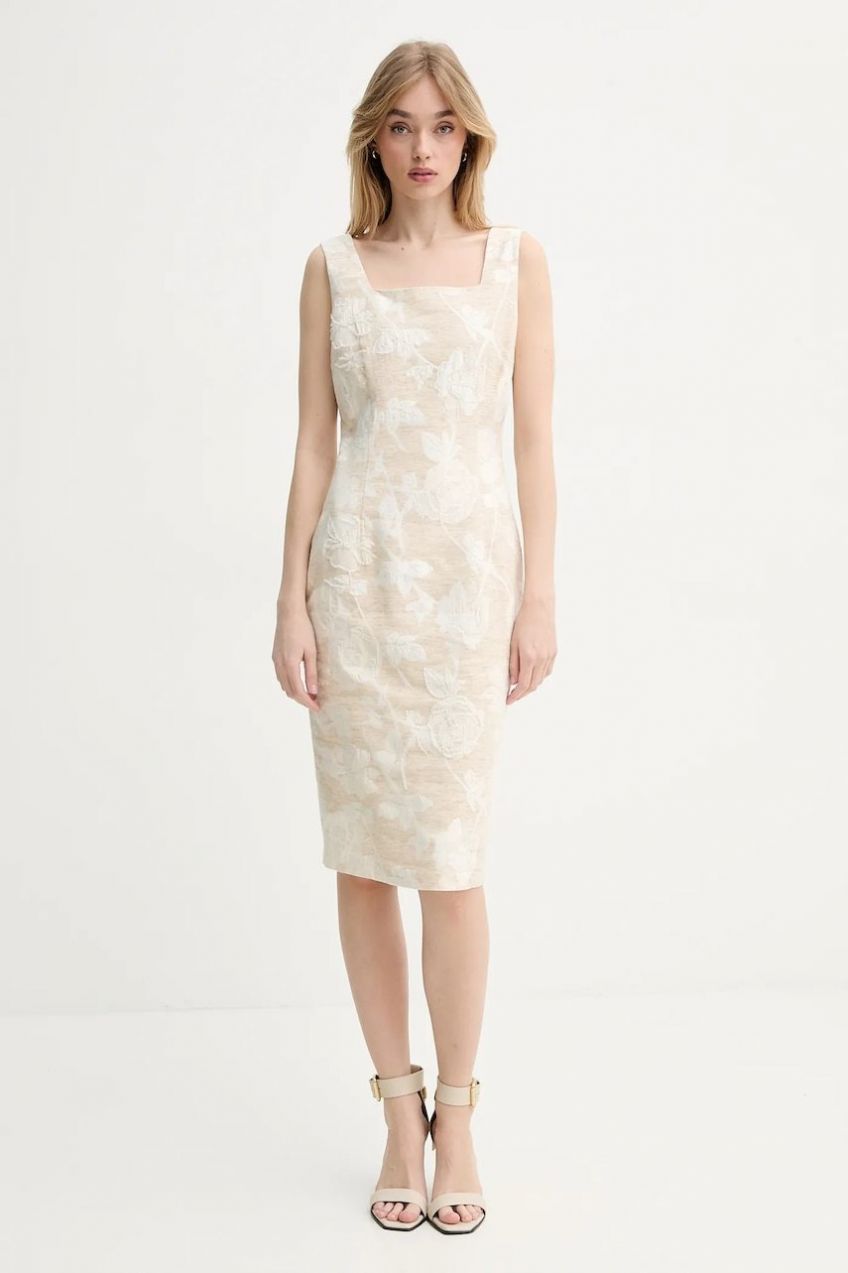 Šaty s prímesou ľanu Blugirl Blumarine béžová farba, mini, priliehavá, RA5131.T2942