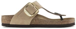 Nubukové šľapky Birkenstock Gizeh Big Buckle dámske, béžová farba, na plochom podpätku, 1024007