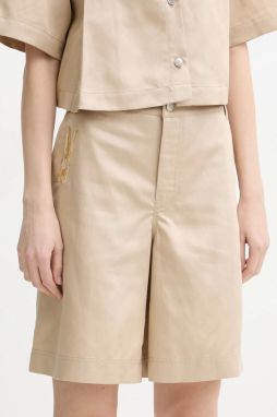 Šortky s prímesou ľanu Moschino Jeans béžová farba, s nášivkou, vysoký pás, 0327 3716