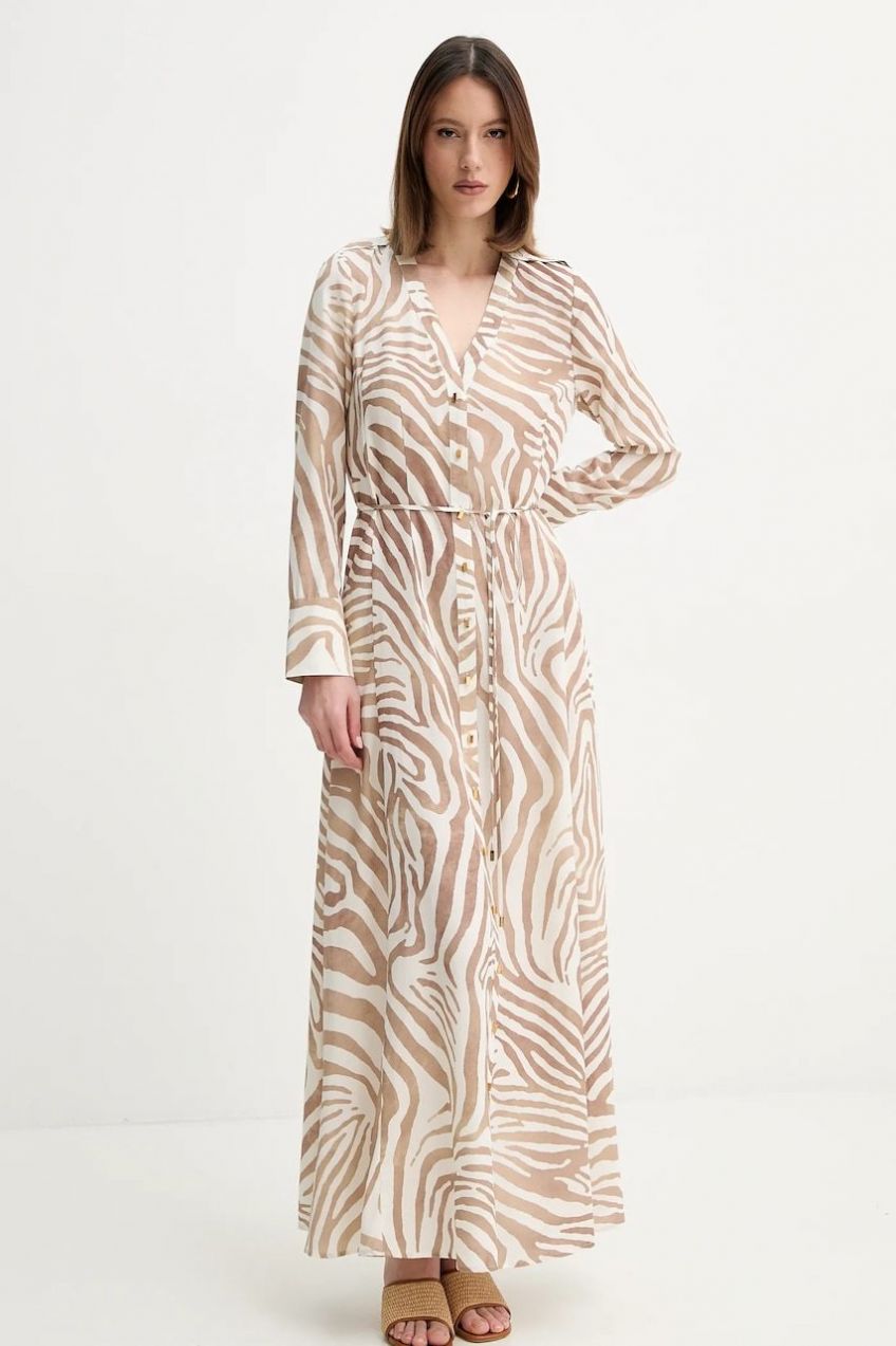 Šaty s prímesou ľanu Marciano Guess GISELLE béžová farba, maxi, áčkový strih, 5GGK08 7314A