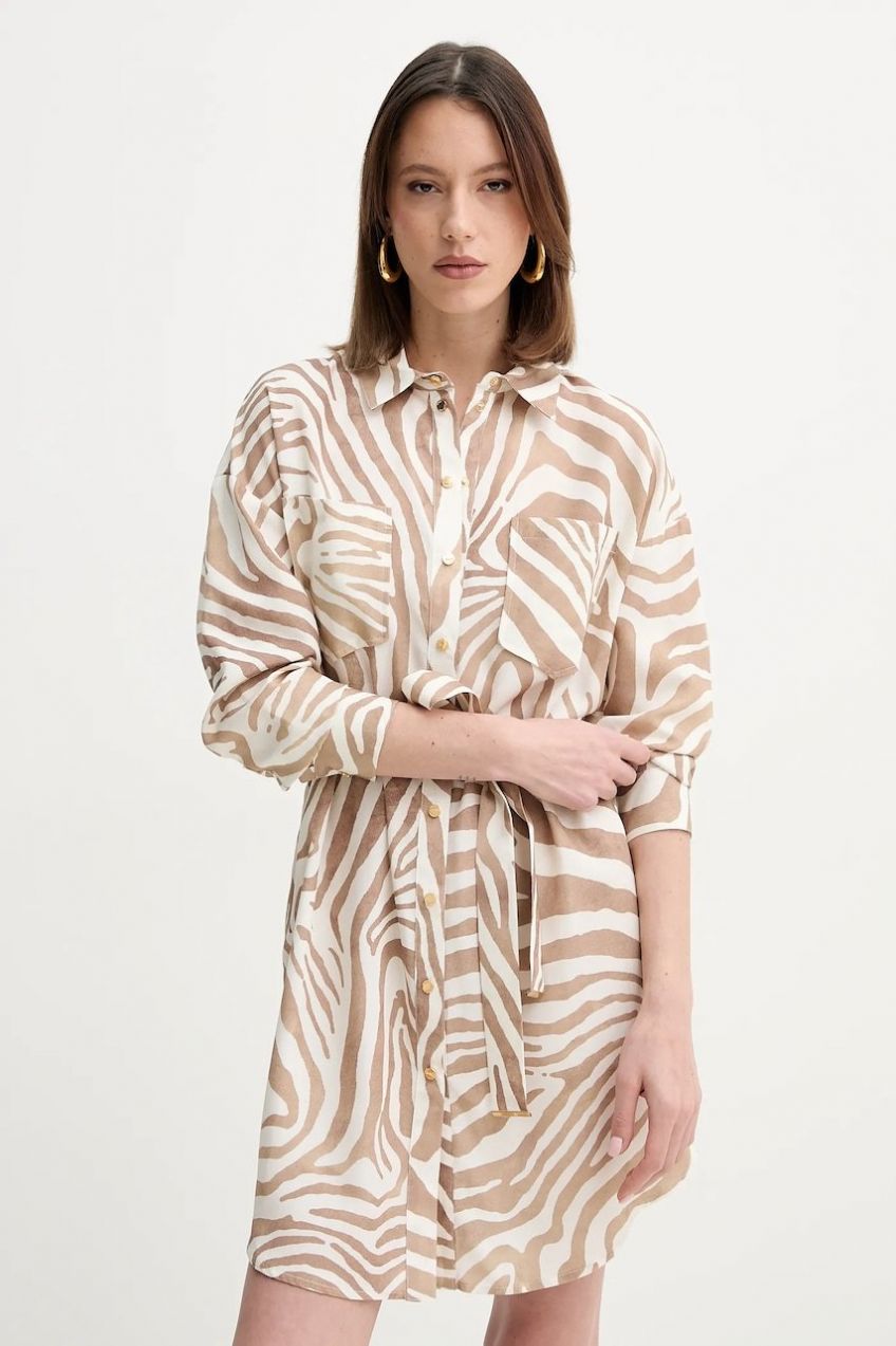 Šaty s prímesou ľanu Marciano Guess ROSIE béžová farba, mini, oversize, 5GGK41 7314A