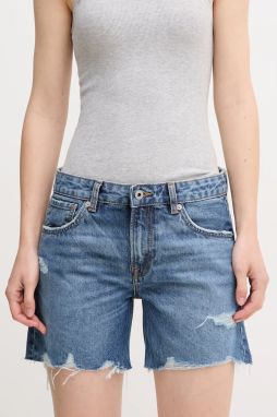 Bavlnené rifľové šortky Pepe Jeans REGULAR SHORT MW DISTRESSED dámske, jednofarebné, stredne vysoký pás, PL801186EE6