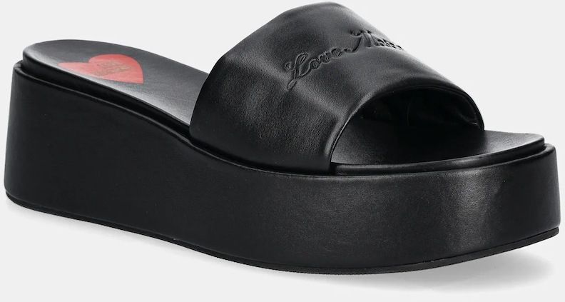 Kožené šľapky Love Moschino dámske, čierna farba, na platforme, JA28177I0MIA0000