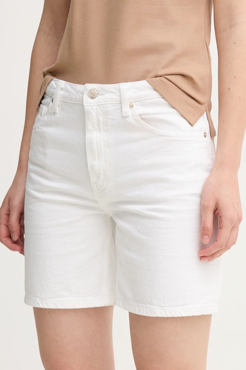 Rifľové krátke nohavice Tommy Hilfiger dámske, biela farba, jednofarebné, vysoký pás, WW0WW45924