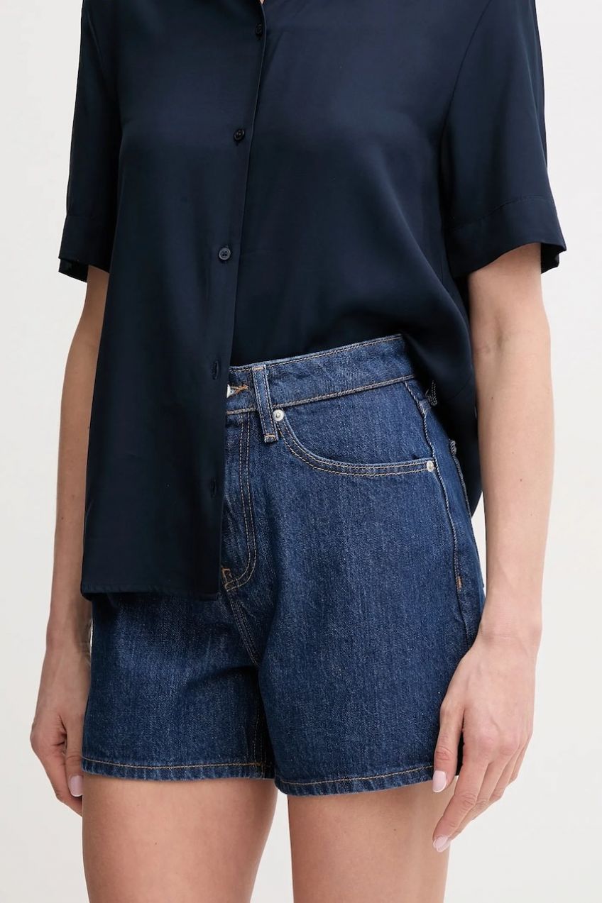 Rifľové krátke nohavice Tommy Hilfiger dámske, jednofarebné, vysoký pás, WW0WW44385