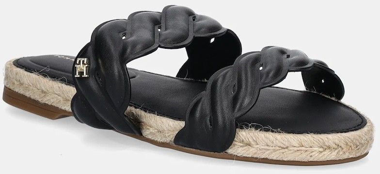 Kožené šľapky Tommy Hilfiger LEATHER ROPE ESPADRILLE MULE dámske, čierna farba, FW0FW08503