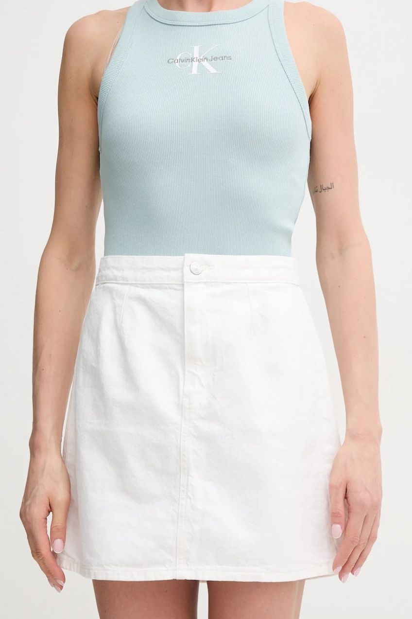 Rifľová sukňa Calvin Klein Jeans biela farba, mini, áčkový strih, J20J225194