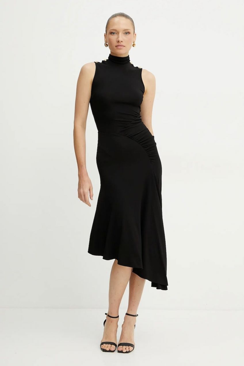 Šaty Elisabetta Franchi čierna farba, midi, áčkový strih, AB84252E2