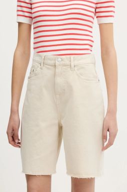 Rifľové krátke nohavice Tommy Jeans béžová farba, jednofarebné, vysoký pás, DW0DW21646