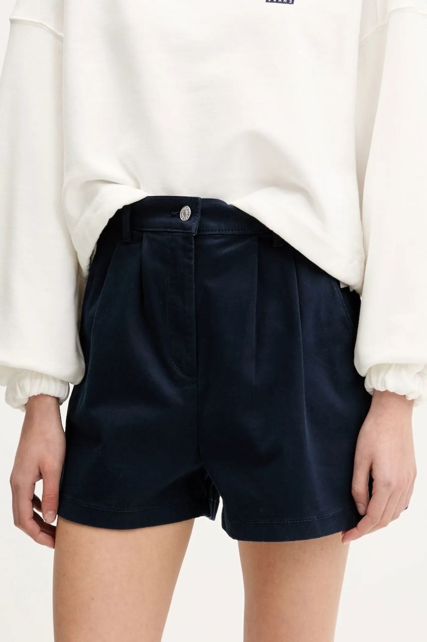 Šortky Tommy Jeans tmavomodrá farba, jednofarebné, vysoký pás, DW0DW21643
