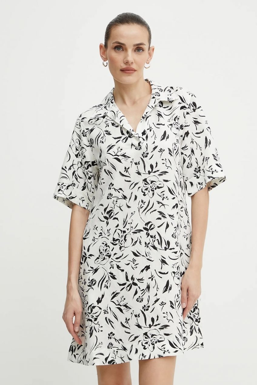 Ľanové šaty Karl Lagerfeld biela farba, mini, oversize, A2W13060