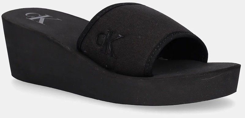 Šlapky Calvin Klein Jeans BEACH WEDGE SLIDE CANVAS čierna farba, na kline, YW0YW01725