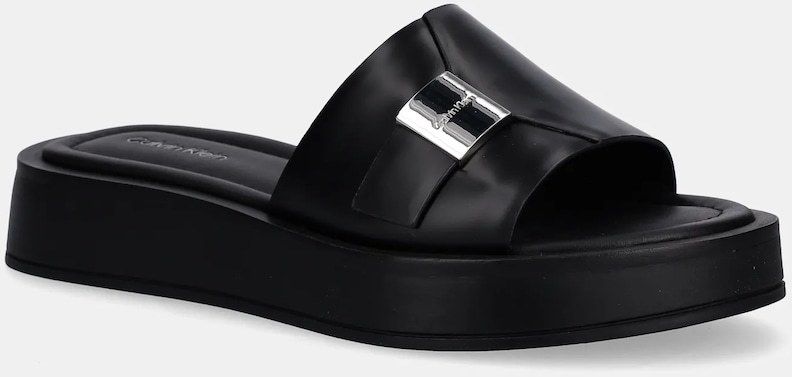 Kožené šľapky Calvin Klein FLATFORM SLIDE W/CK HW - LTH čierna farba, na platforme, HW0HW02368