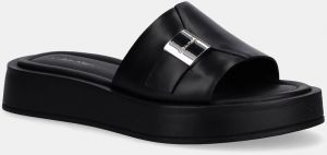 Kožené šľapky Calvin Klein FLATFORM SLIDE W/CK HW - LTH čierna farba, na platforme, HW0HW02368
