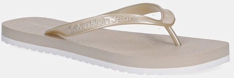 Šľapky Calvin Klein Jeans THONG+ TPU METALLIC béžová farba, na plochom podpätku, YW0YW01720