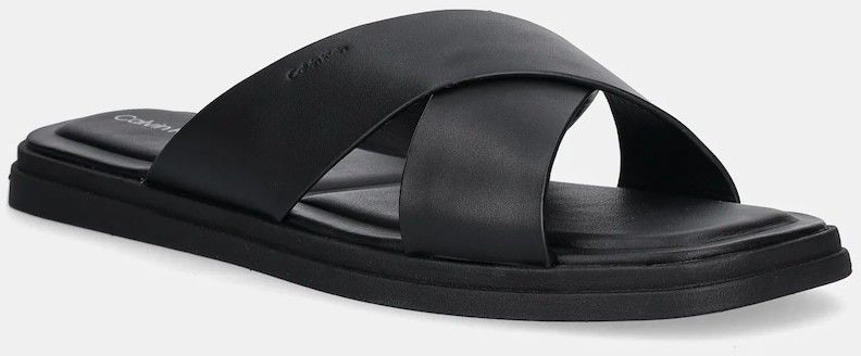 Kožené šľapky Calvin Klein CRISS CROSS SANDAL čierna farba, HM0HM01737