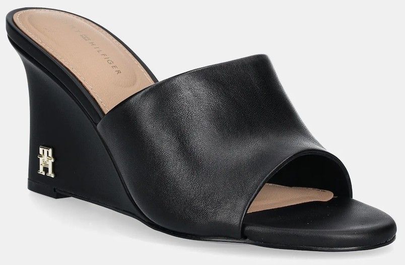Šľapky Tommy Hilfiger LEATHER WEDGE MULE čierna farba, na kline, FW0FW08418