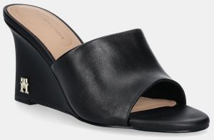 Šľapky Tommy Hilfiger LEATHER WEDGE MULE čierna farba, na kline, FW0FW08418