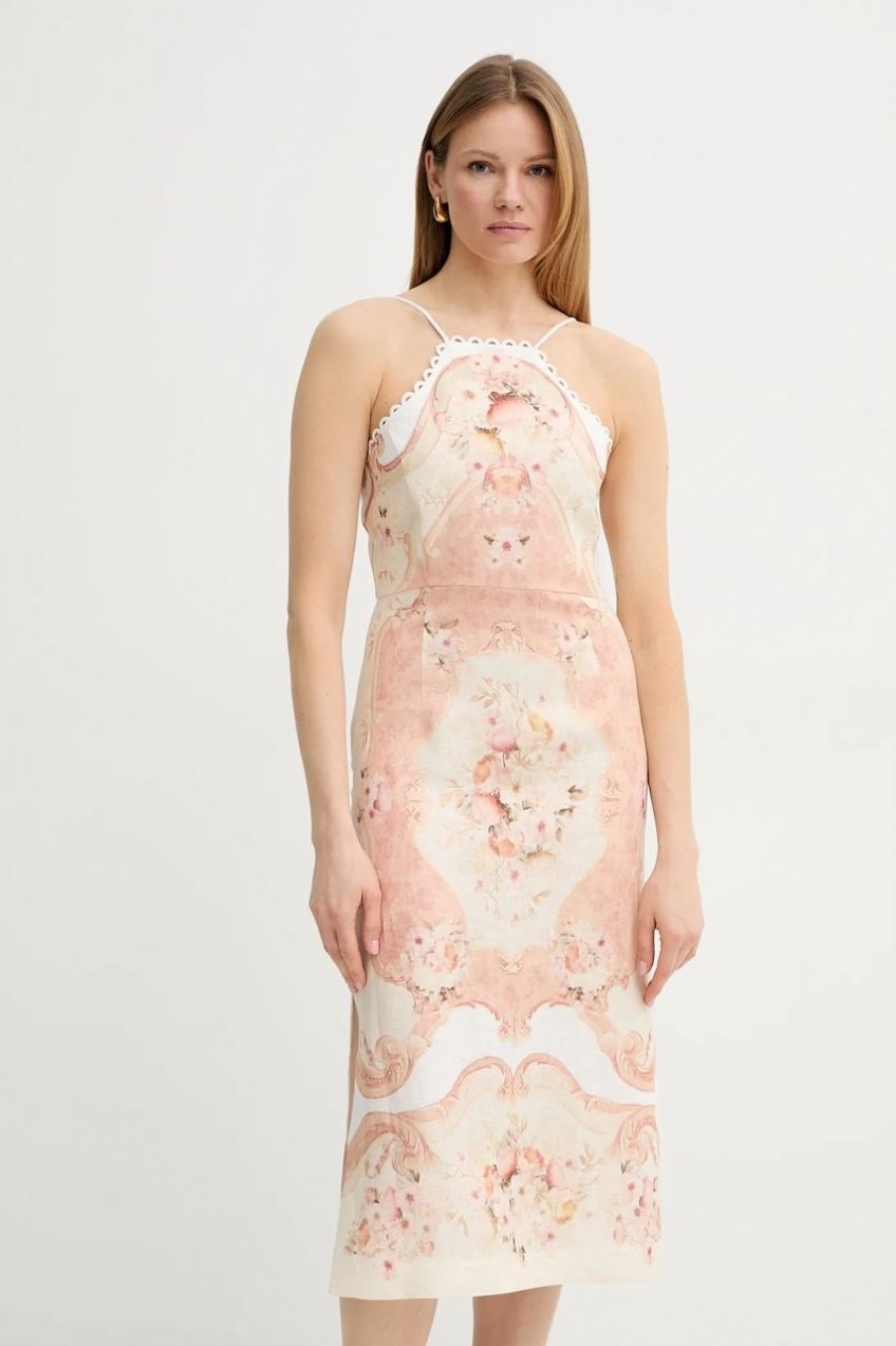 Ľanové šaty Twinset béžová farba, midi, priliehavé, 251TT2440