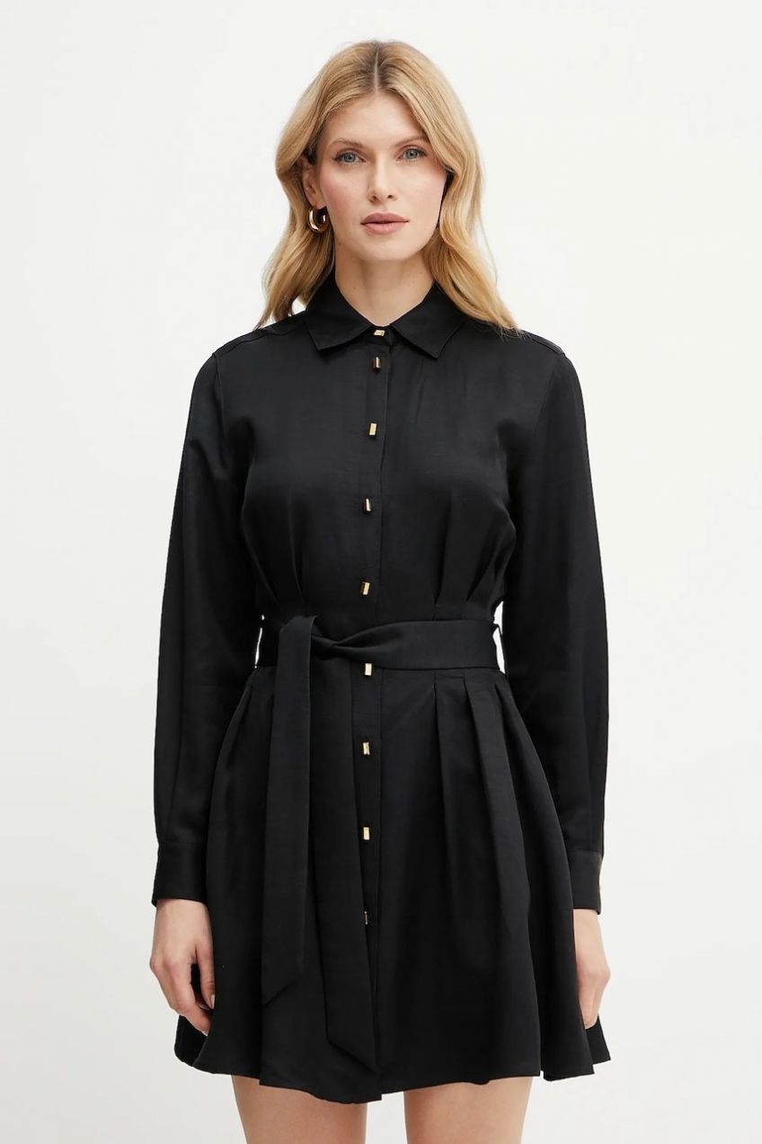 Šaty s prímesou ľanu Marciano Guess GRETA čierna farba, mini, áčkový strih, 5GGK36 7316A