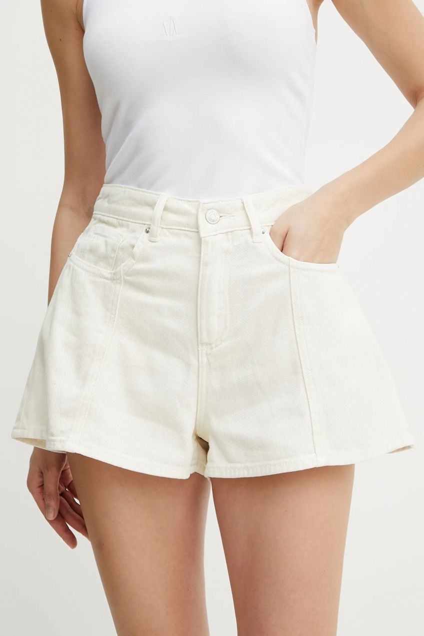 Rifľové krátke nohavice Armani Exchange béžová farba, jednofarebné, vysoký pás, XW000134 AF12858