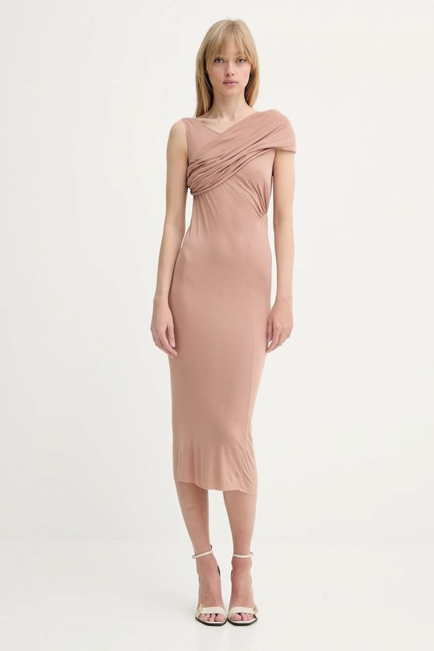 Šaty Rick Owens Lilies béžová farba, midi, priliehavé, LI01E4518RV