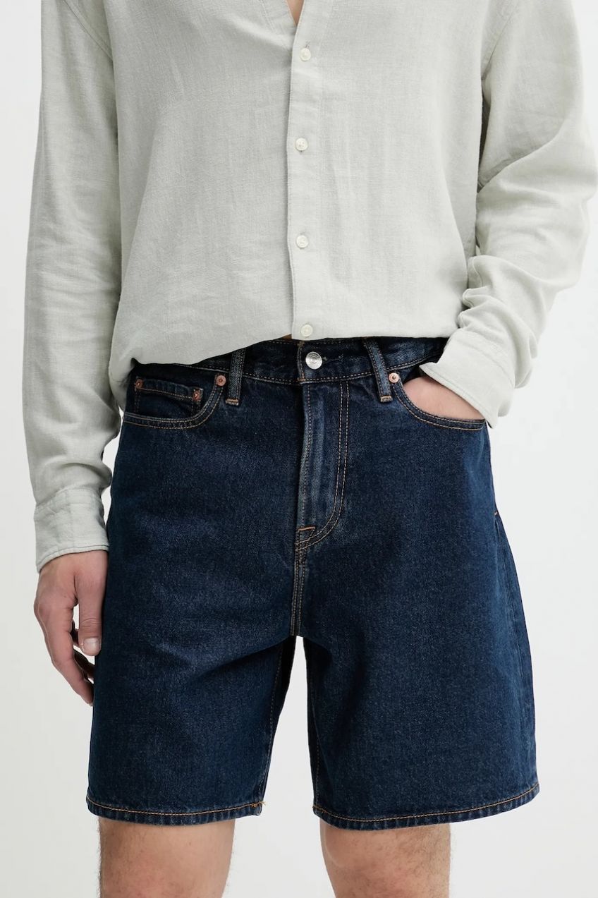 Rifľové krátke nohavice Abercrombie & Fitch tmavomodrá farba, KI128-5029