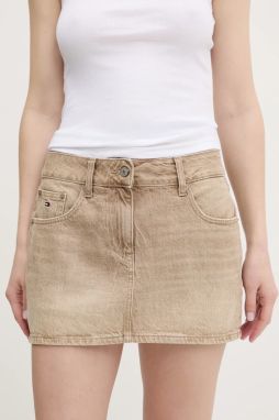 Rifľová sukňa Tommy Jeans béžová farba, mini, rovný strih, DW0DW20134