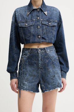 Šortky Versace Jeans Couture tmavomodrá farba, s potlačou, vysoký pás, 78HAD51G DS025LF1