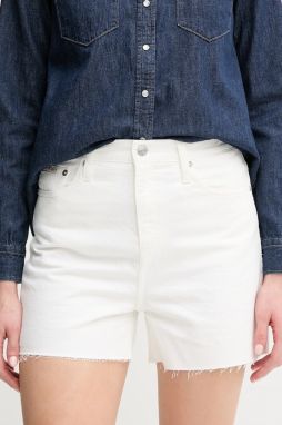 Rifľové krátke nohavice Calvin Klein Jeans biela farba, jednofarebné, vysoký pás, J20J225153