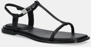 Kožené sandále Calvin Klein FLAT SANDAL SQUARED BUCKLE LTH čierna farba, HW0HW02556