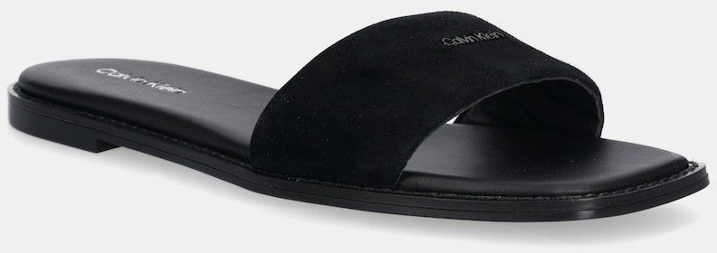 Semišové šľapky Calvin Klein FLAT SANDAL SQUARED HF SUE čierna farba, HW0HW02557
