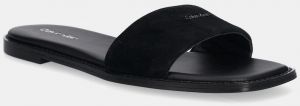 Semišové šľapky Calvin Klein FLAT SANDAL SQUARED HF SUE čierna farba, HW0HW02557