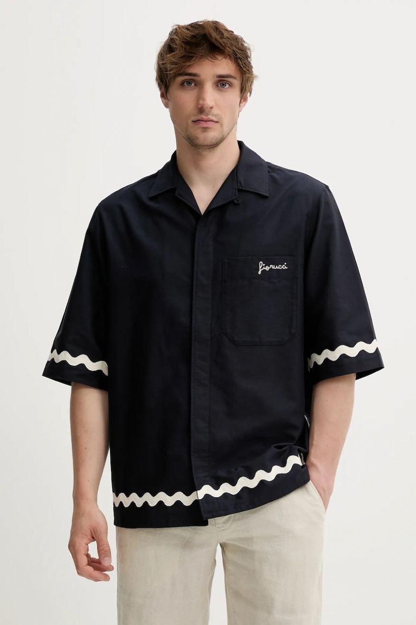 Bavlnená košeľa Fiorucci Wave Trim Logo Embroidered Bowling Shirt tmavomodrá farba, voľný strih, M02SMTSS295CO01BL05
