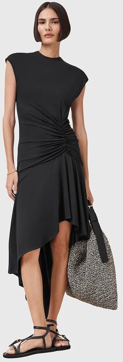 Šaty AllSaints ANNALIE čierna farba, midi, áčkový strih, W159DC