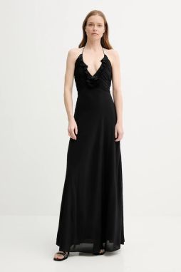 Šaty s prímesou hodvábu The Kooples čierna farba, maxi, áčkový strih, FROB30034K