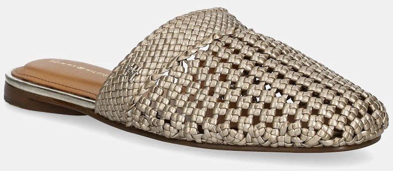Šľapky Tommy Hilfiger CROCHET METALLIC LEATHER MULE zlatá farba, FW0FW08606