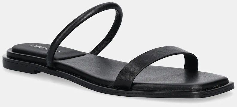 Kožené šľapky Calvin Klein FLAT SANDAL SQUARED 2-BAR LTH čierna farba, HW0HW02532