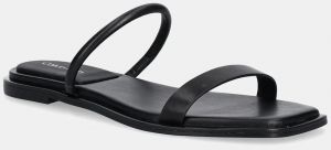 Kožené šľapky Calvin Klein FLAT SANDAL SQUARED 2-BAR LTH čierna farba, HW0HW02532