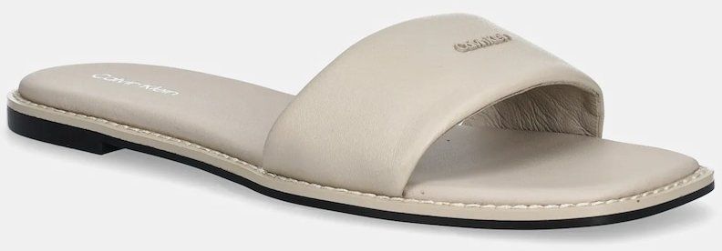 Kožené šľapky Calvin Klein FLAT SANDAL SQUARE HF LTH béžová farba, HW0HW02652