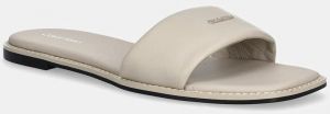 Kožené šľapky Calvin Klein FLAT SANDAL SQUARE HF LTH béžová farba, HW0HW02652