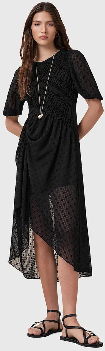 Šaty AllSaints SERENE čierna farba, midi, áčkový strih, W117DC