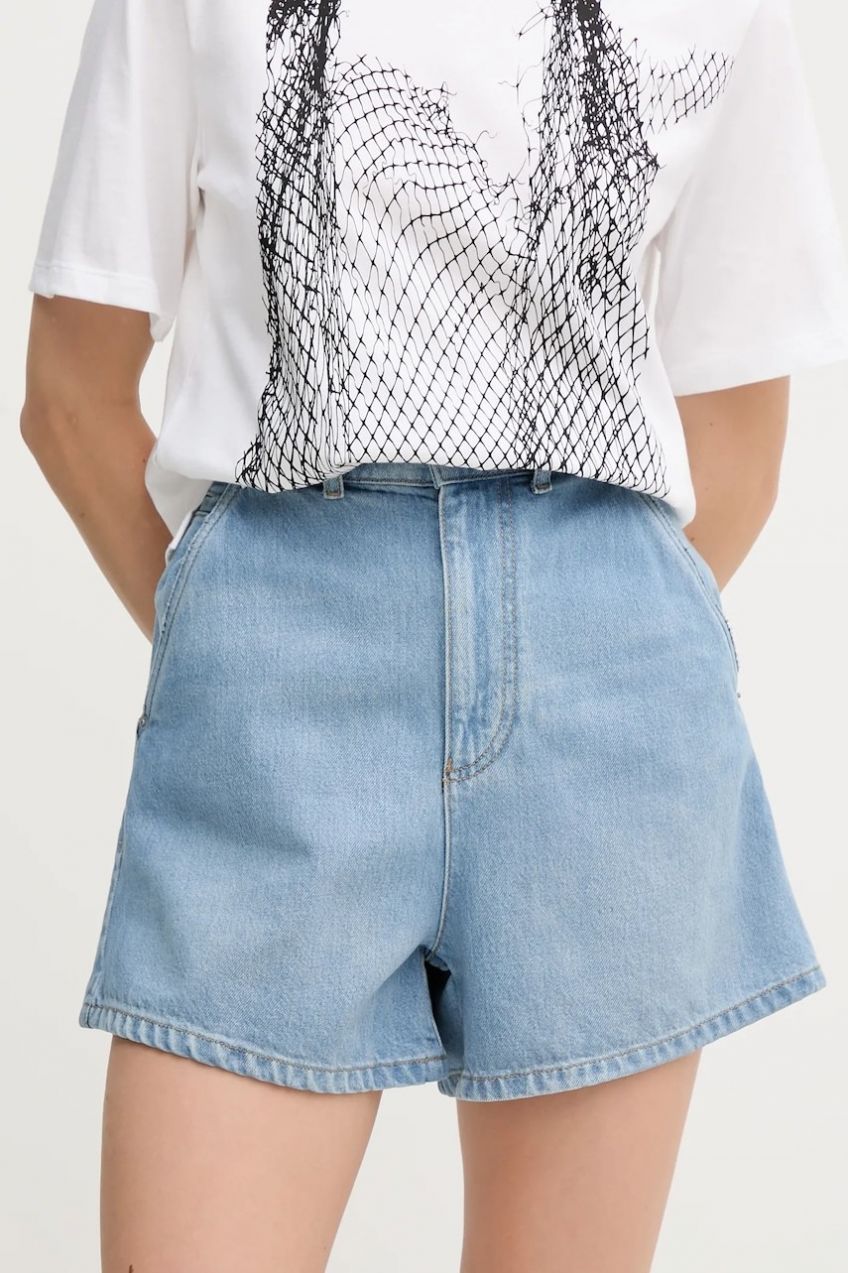 Rifľové krátke nohavice Emporio Armani jednofarebná, vysoký pás, EW001498 AF12675