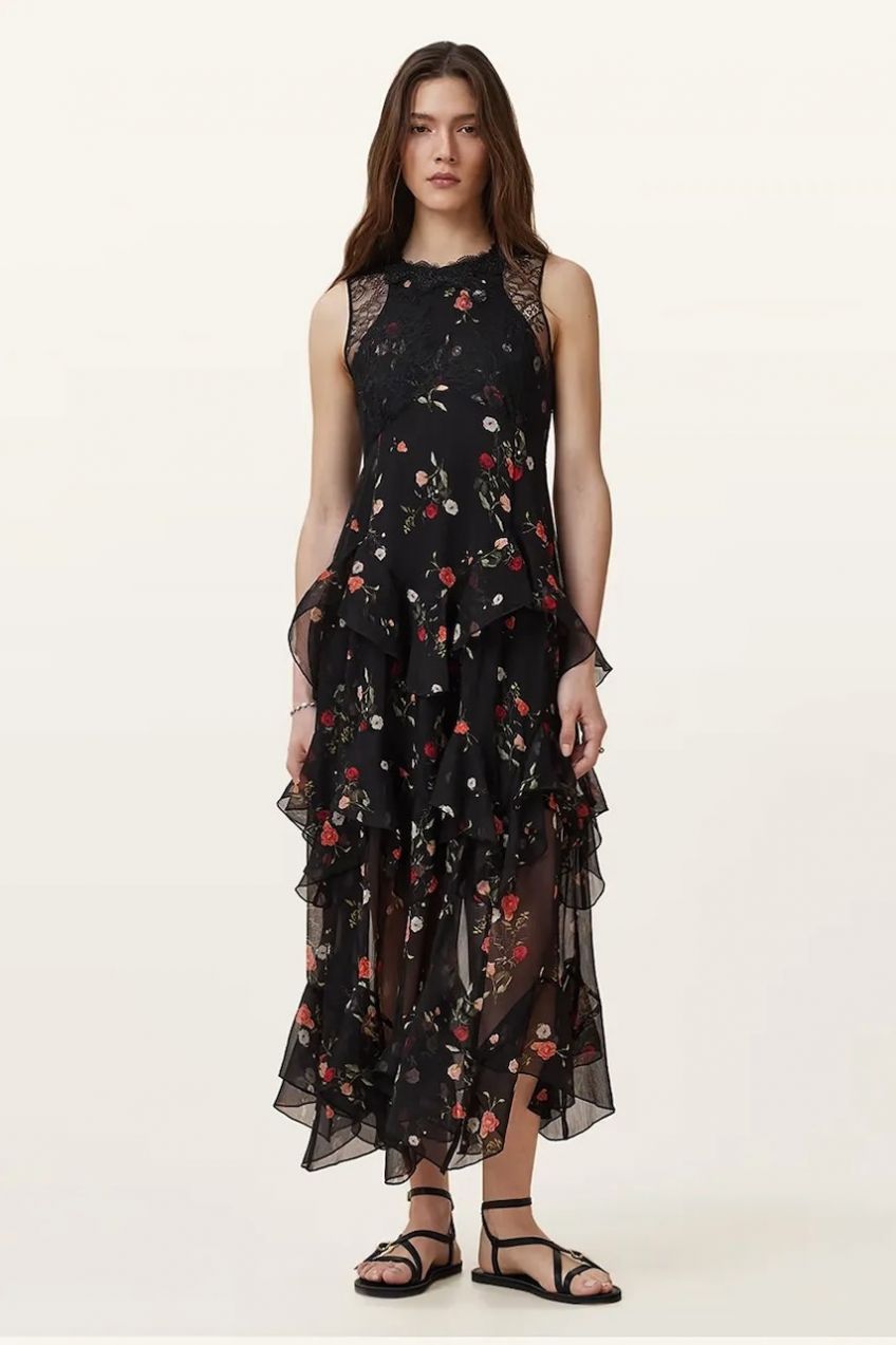 Šaty AllSaints QUINN čierna farba, maxi, áčkový strih, W208DC